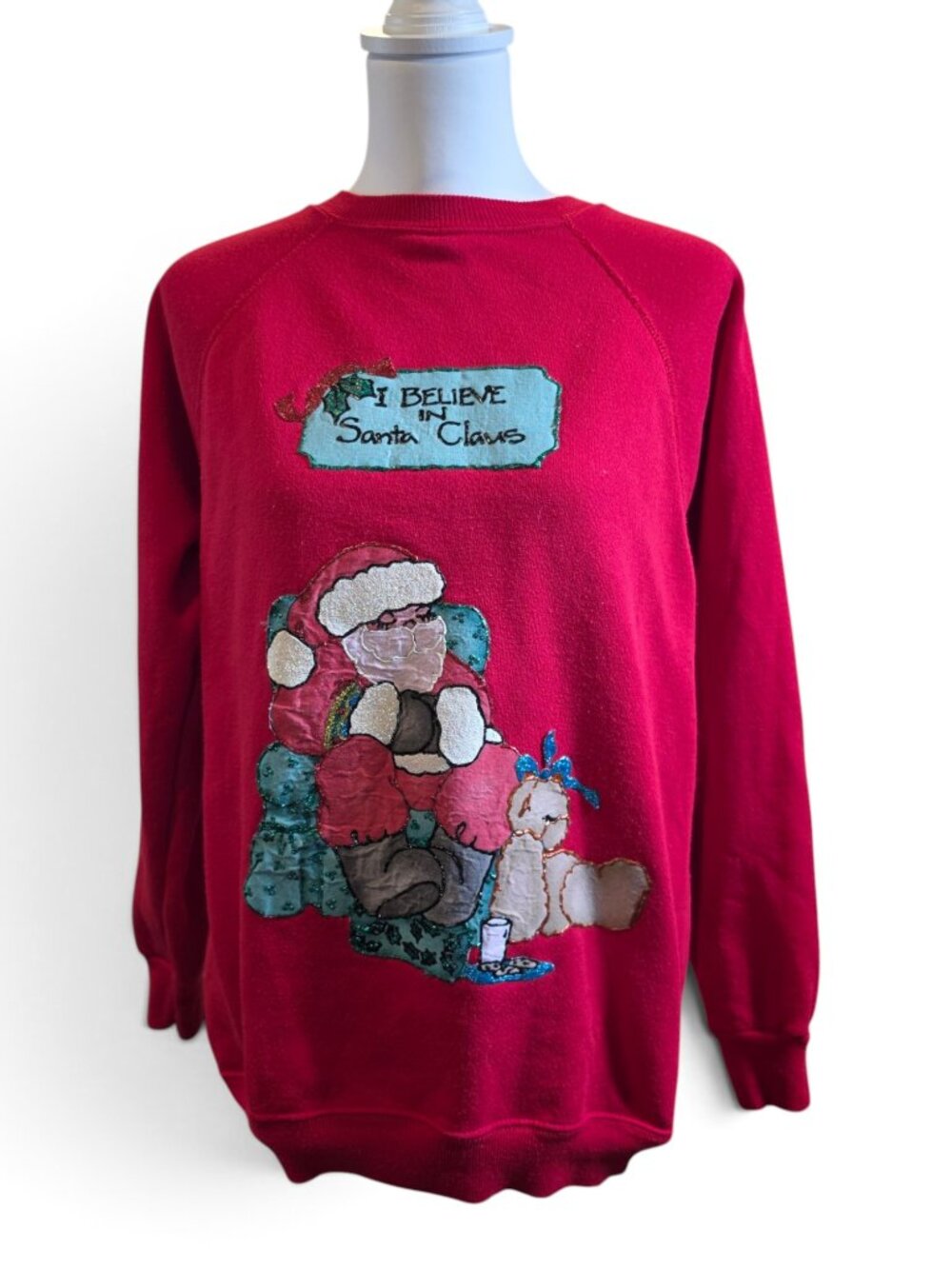 Vintage Hanes Santa Claus Sweatshirt L Red Ugly Christmas Sweater I Believe-FLAW